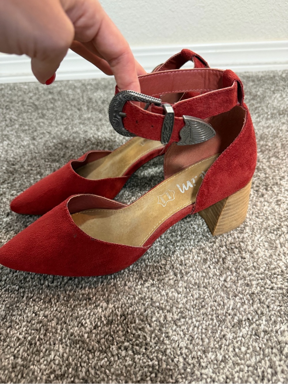 Western Buckle Red Suede Pointed-Toe Ankle-Strap Block Heels